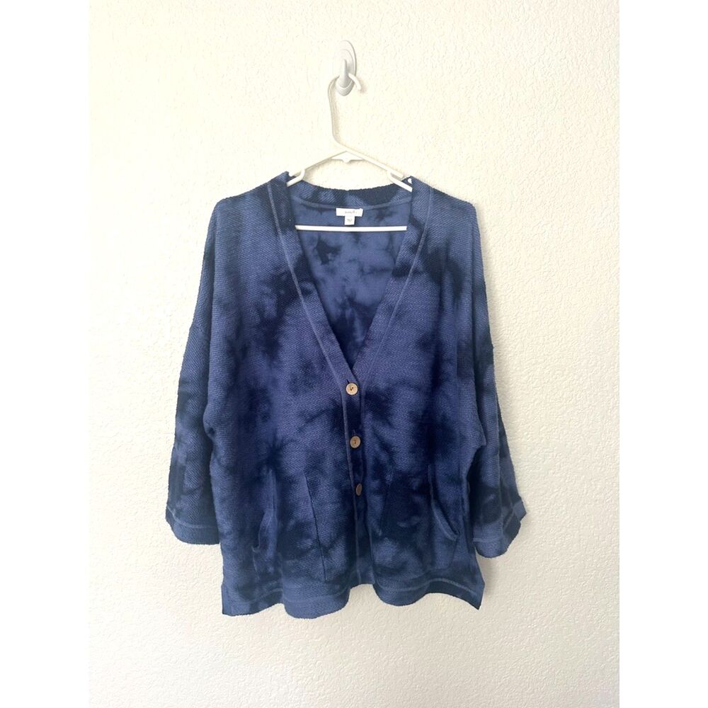 J. Jill Pure Jill Blue Tie Dyed Deep V Neck Cotton Cardigan Size Large